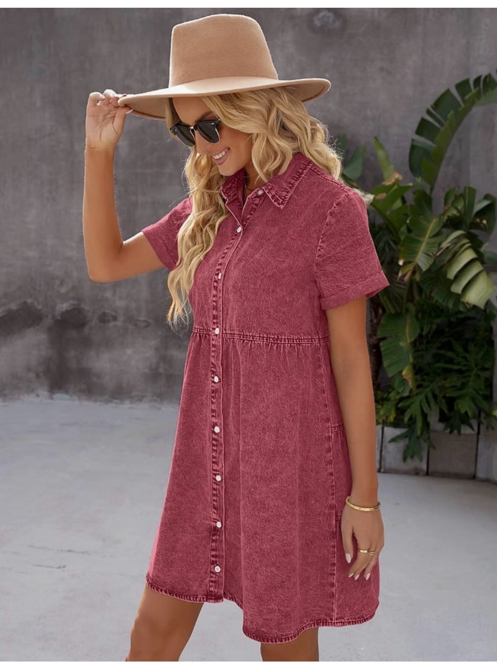 Washed Red Button-Front Shirt Dress